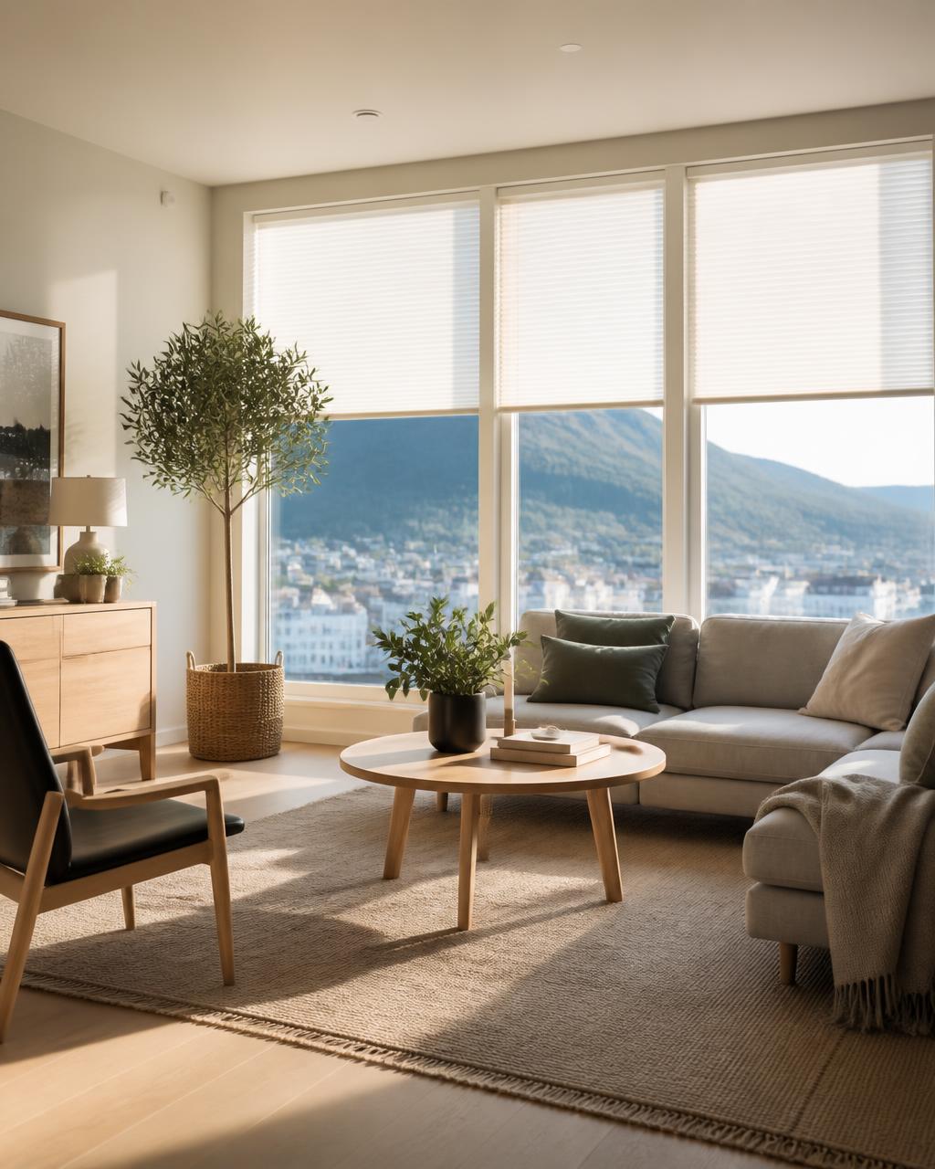 Stue i Bergen med skreddersydd solskjerming fra Far&Sun
